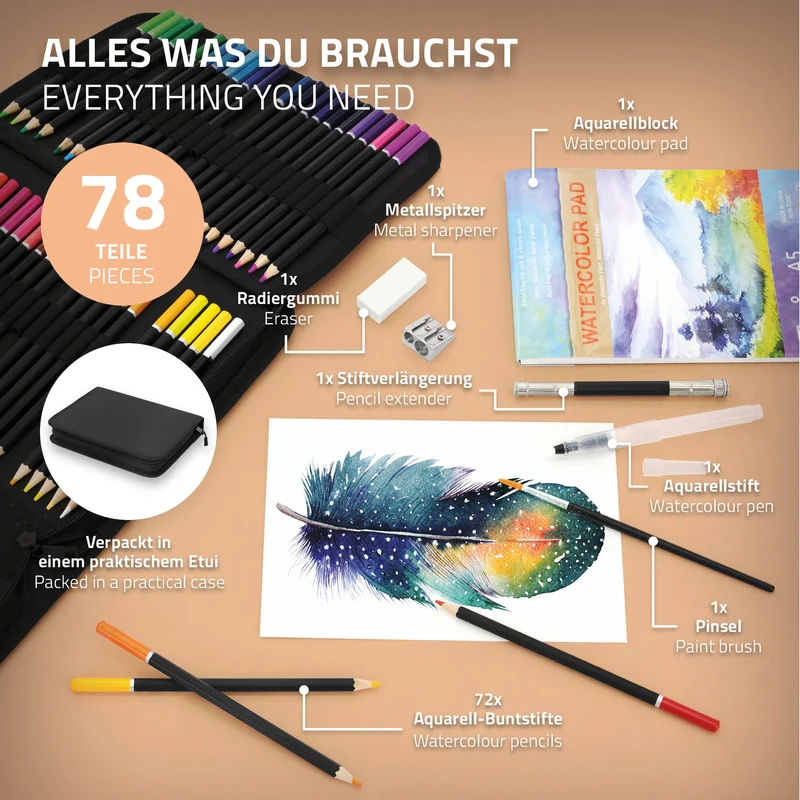 78er Aquarell Buntstifte Set für Kinder und Erwachsene