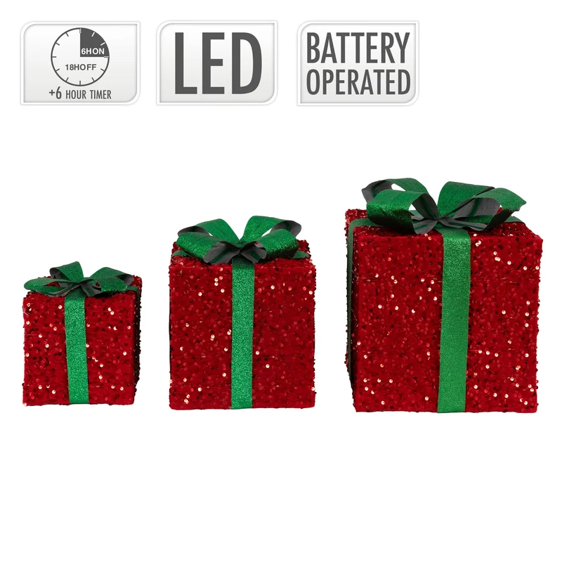 Deko Weihnachtsgeschenke 3er Set mit LEDs Grün/Rot mit Schleifen und Timer