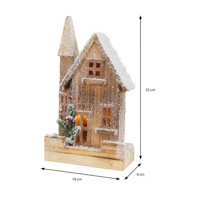 Deko Weihnachtshaus schneebedeckt mit LED Beleuchtung 33 x 19 cm aus Holz