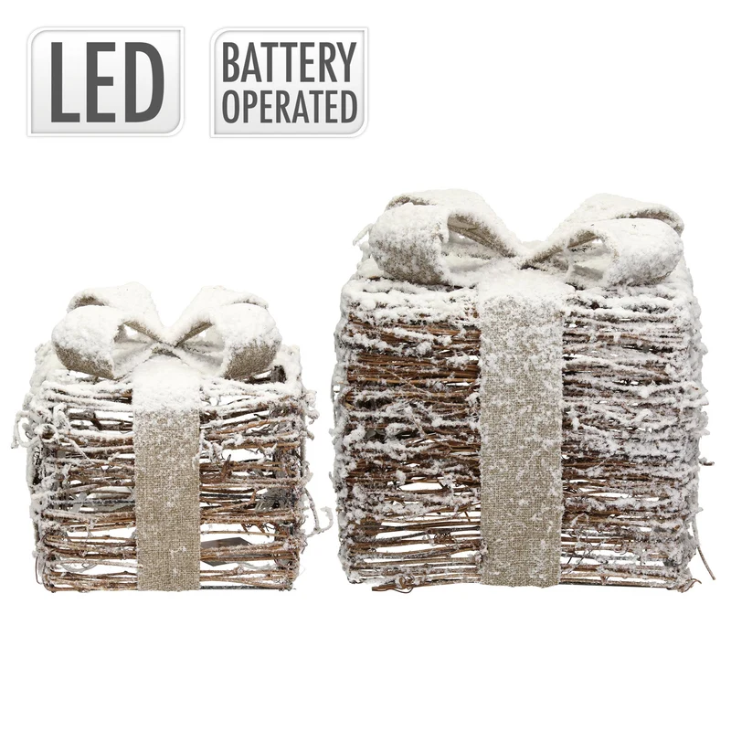 LED Geschenkboxen 2er Set Braun aus Rattan