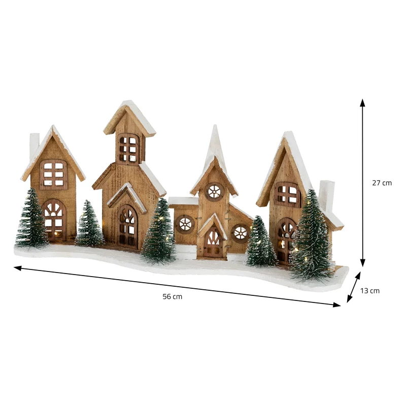 LED Weihnachtsdorf aus Holz mit 25 warmweißen LEDs batteriebetrieben mit Timerfunktion