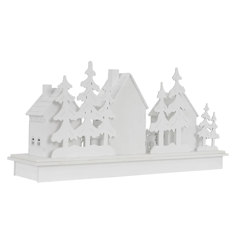 Leuchtendes Weihnachtsdorf Weiß mit warmweißer Lichterkette aus Holz Modell A