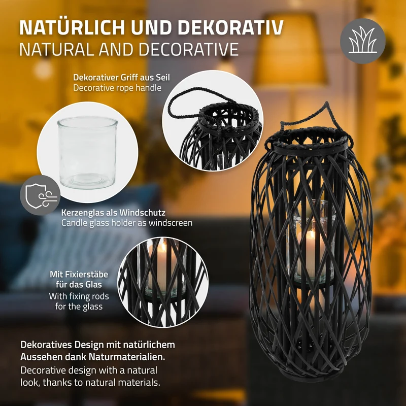Riedlaterne mit Henkel aus Rattan 60 x Ø 27 cm Schwarz