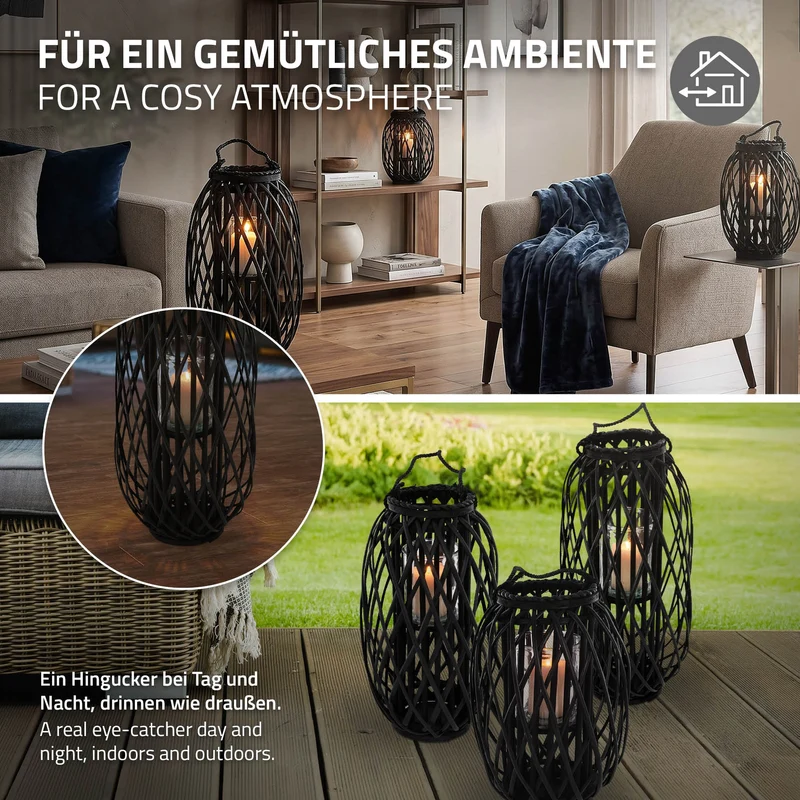 Riedlaterne mit Henkel aus Rattan 60 x Ø 27 cm Schwarz