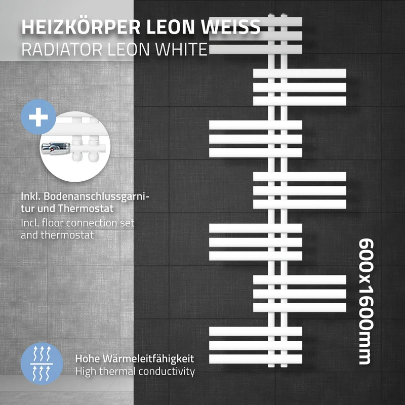 Badheizkörper Leon 600x1600 mm Weiß mit Boden Anschlussgarnitur
