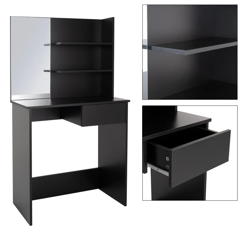 Schminktisch Frisiertisch 75x40x135 cm in Schwarz mit Spiegel, Schublade, 3 Ablagen & Hocker in Weiß ML-Design