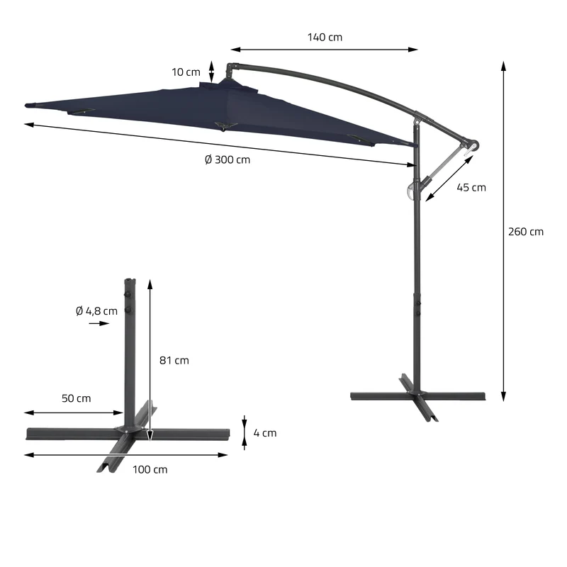 Sonnenschirm mit Kurbel inkl. Abdeckung und Ständer Ø 300 cm Navy-Blau aus Polyester