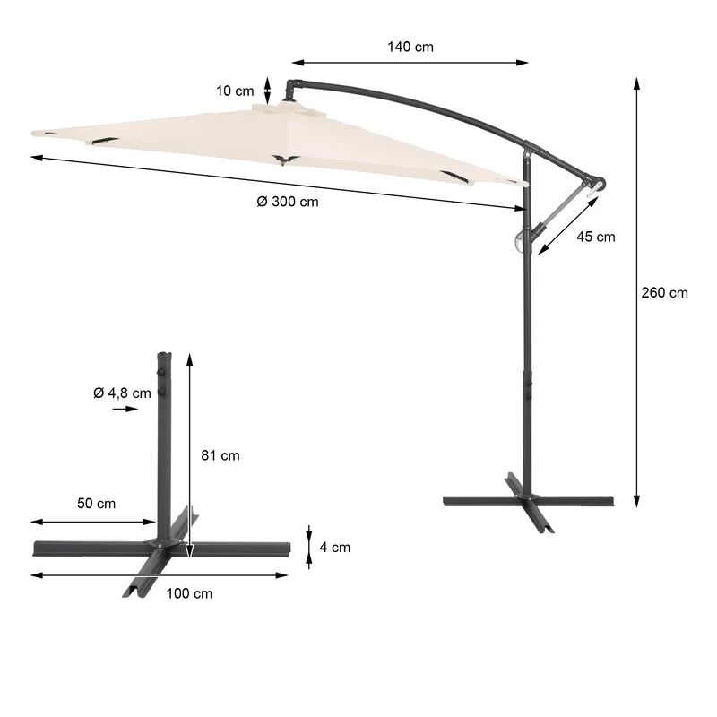 Sonnenschirm mit Kurbel und Abdeckung inkl. Ständer Ø 300 cm Creme aus Aluminium und Polyester