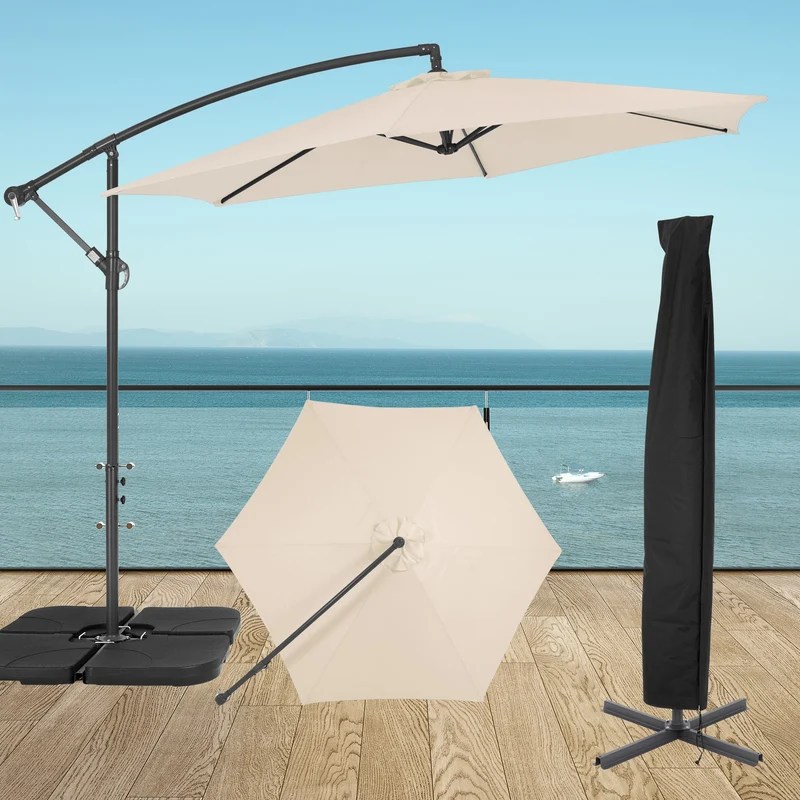 Sonnenschirm mit Kurbel und Abdeckung inkl. Ständer Ø 300 cm Creme aus Aluminium und Polyester