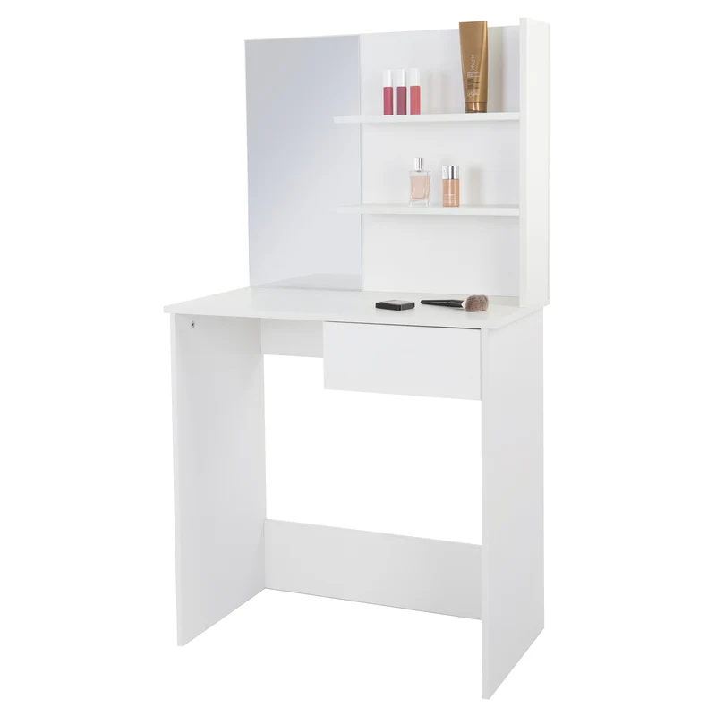 Schminktisch Frisiertisch 75x40x135 cm in Weiß/Natur mit Spiegel, Schublade & Hocker ML-Design