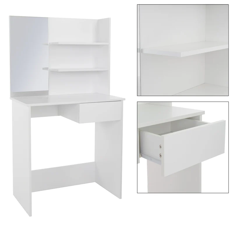 Schminktisch Frisiertisch 75x40x135 cm in Weiß/Natur mit Spiegel, Schublade & Hocker ML-Design