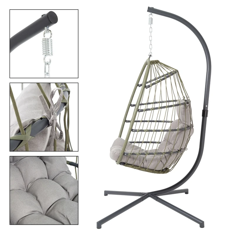 Hängesessel Grün mit Gestell und Kissen aus Stahl und Polyrattan-Geflecht