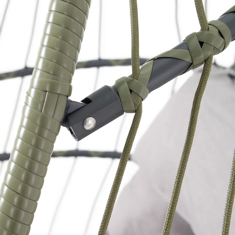 Hängesessel Grün mit Gestell und Kissen aus Stahl und Polyrattan-Geflecht