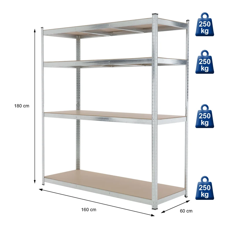 Werkstattregal Silber 180x160x60 cm aus verzinktem Metall und MDF Holzfaserplatte bis 1000 kg