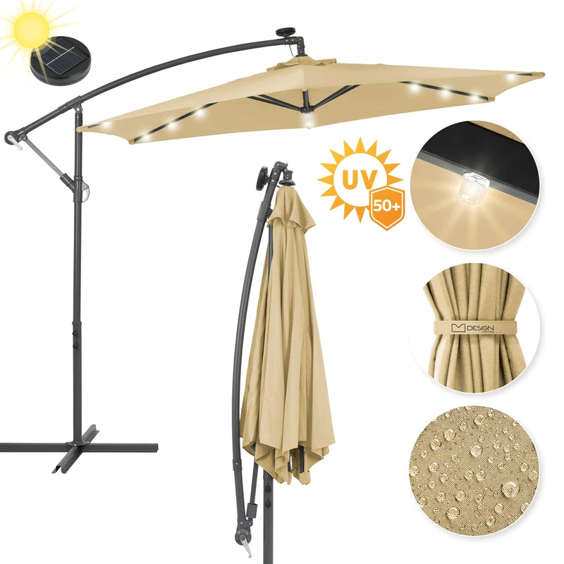 Ampelschirm mit Kurbel und Ständer inkl. LED-Solar Ø 300 cm Braun aus Polyester