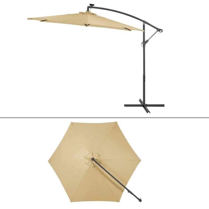 Ampelschirm mit Kurbel und Ständer inkl. LED-Solar Ø 300 cm Braun aus Polyester