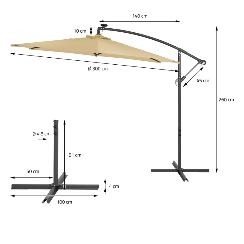 Ampelschirm mit Kurbel und Ständer inkl. LED-Solar Ø 300 cm Braun aus Polyester