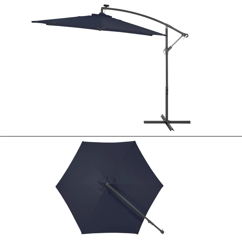 Ampelschirm mit Kurbel und Ständer inkl. LED-Solar Ø 300 cm Navy-Blau aus Polyester