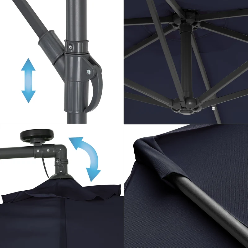 Ampelschirm mit Kurbel und Ständer inkl. LED-Solar Ø 300 cm Navy-Blau aus Polyester