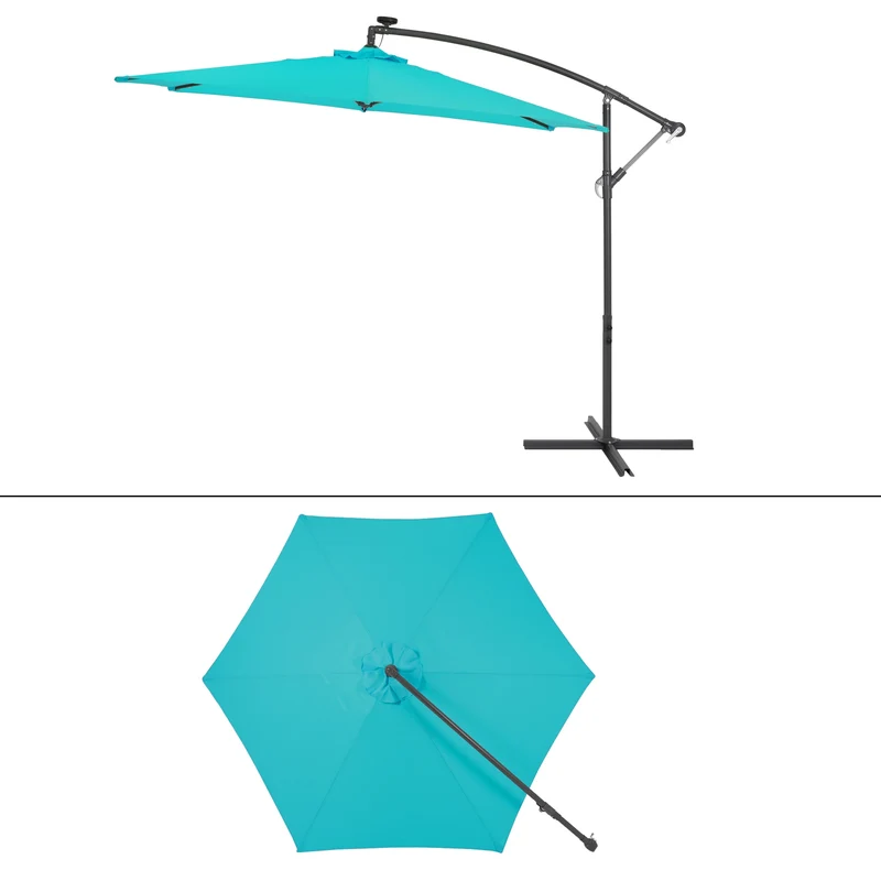 Ampelschirm mit Kurbel und Ständer inkl. LED-Solar Ø 300 cm Türkis aus Polyester