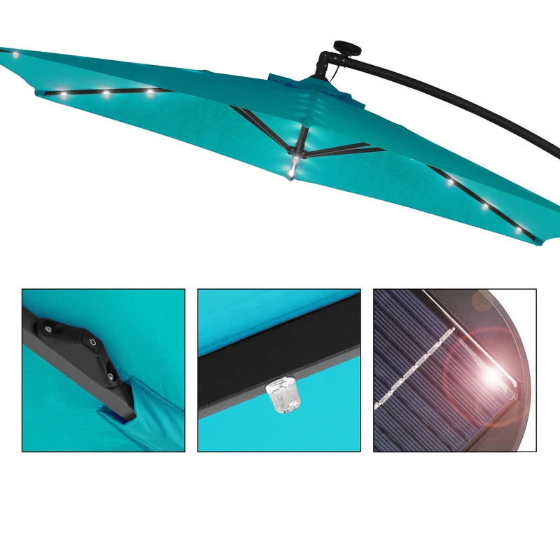 Ampelschirm mit Kurbel und Ständer inkl. LED-Solar Ø 300 cm Türkis aus Polyester