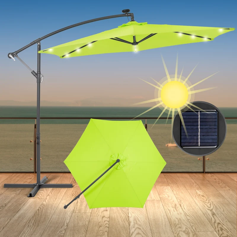 Ampelschirm mit LED-Solar und Kurbel Grün Ø 300 cm aus Aluminium und Polyester