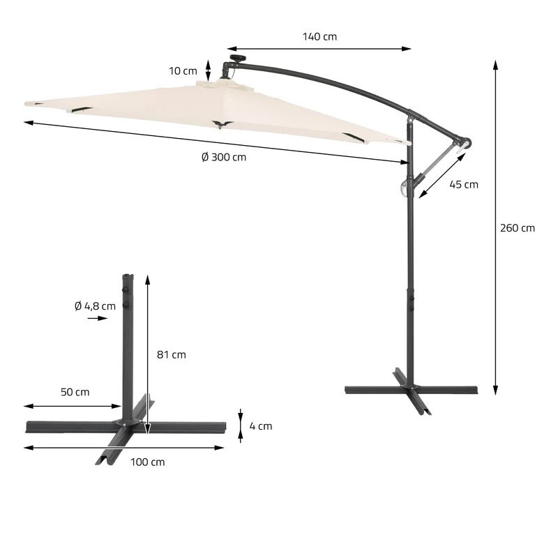 Sonnenschirm mit LED-Solar und Kurbel Creme Ø 300 cm aus Aluminium und Polyester Ampelschirm