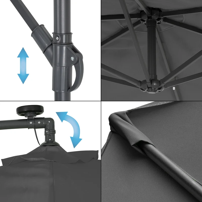 Ampelschirm mit LED-Solar und Kurbel anthrazit Ø 300 cm aus Aluminium und Polyester