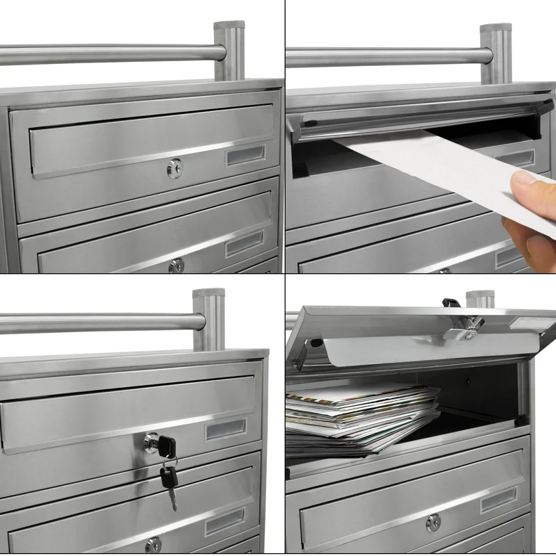 Briefkastenanlage mit Standfuß 6 Fach silber, 50x150x27 cm, aus Edelstahl