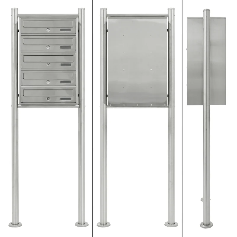 Briefkastenanlage mit Standfuß 5 Fach Silber 50x150x27 cm aus Edelstahl