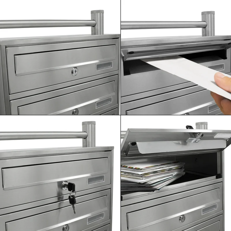 Briefkastenanlage mit Standfuß 5 Fach Silber 50x150x27 cm aus Edelstahl