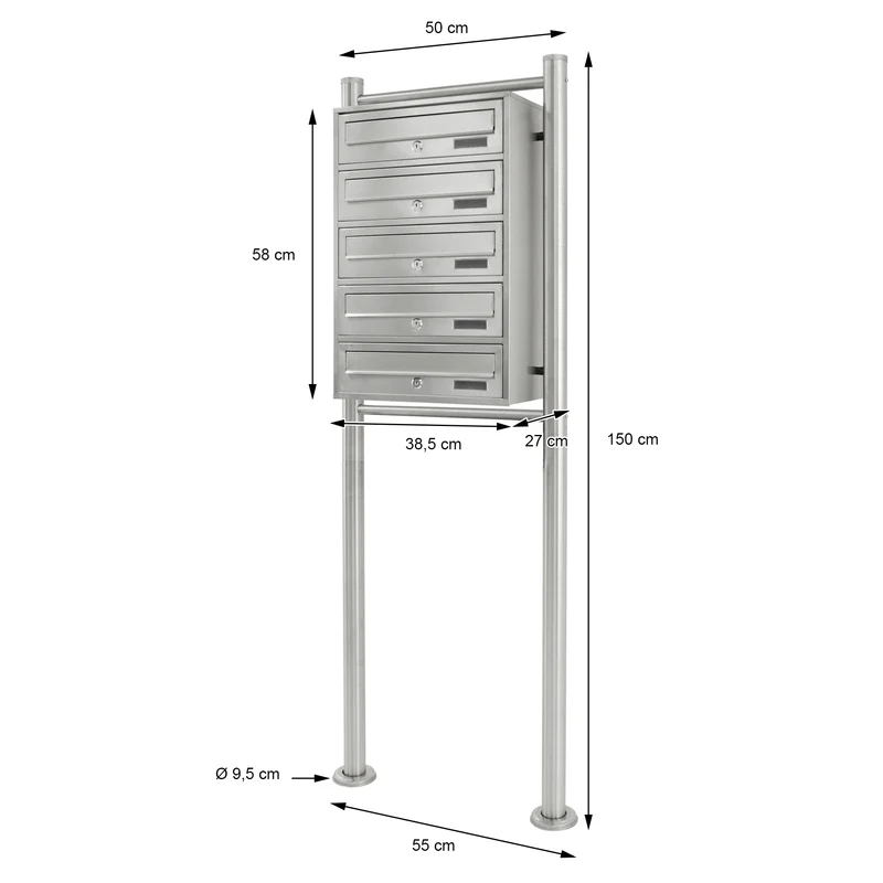 Briefkastenanlage mit Standfuß 5 Fach Silber 50x150x27 cm aus Edelstahl