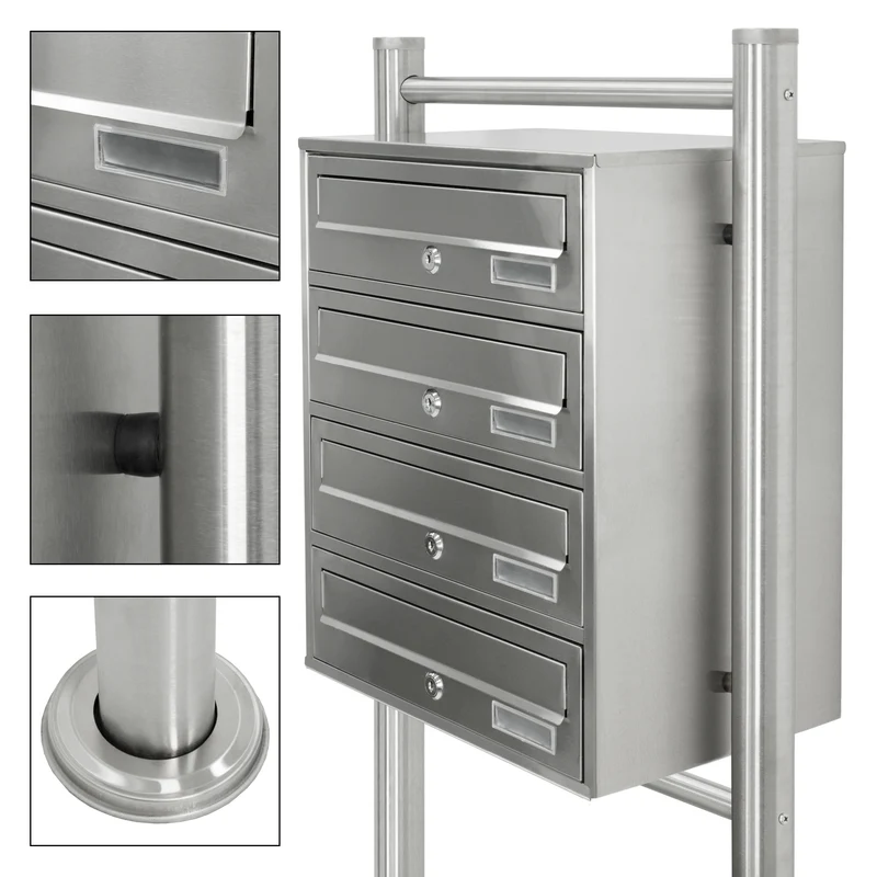 Briefkastenanlage mit Standfuß 4 Fach Silber 50x150x27 cm aus Edelstahl