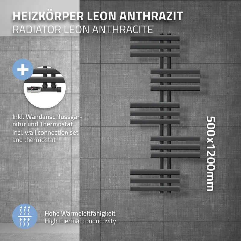 Badheizkörper Leon 500x1200 mm Anthrazit mit Wand Anschlussgarnitur