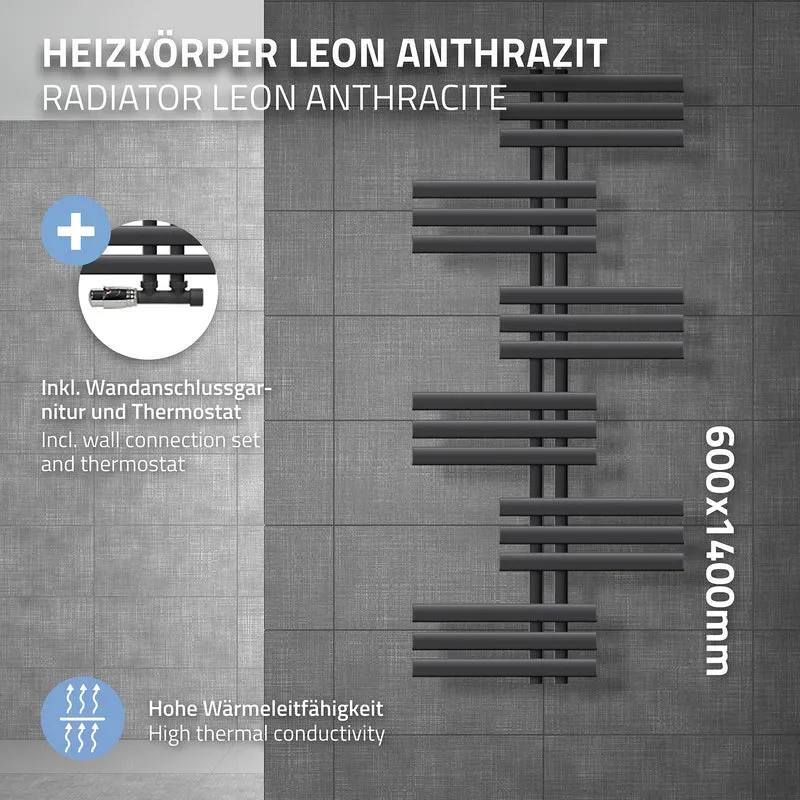 Badheizkörper Leon 600x1400 mm Anthrazit mit Wand Anschlussgarnitur