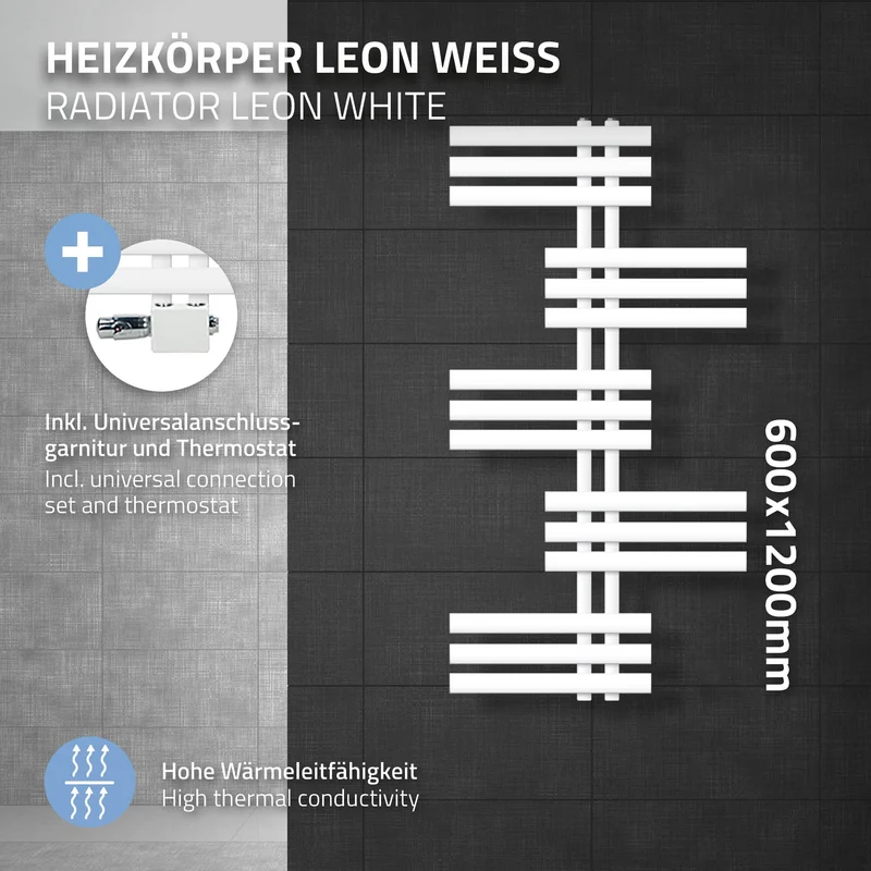 Badheizkörper Leon 600x1200 mm Weiß mit Universale Anschlussgarnitur