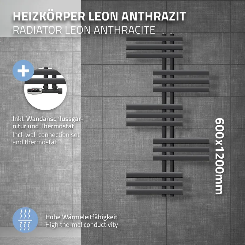 Badheizkörper Leon 600x1200 mm Anthrazit mit Wand Anschlussgarnitur