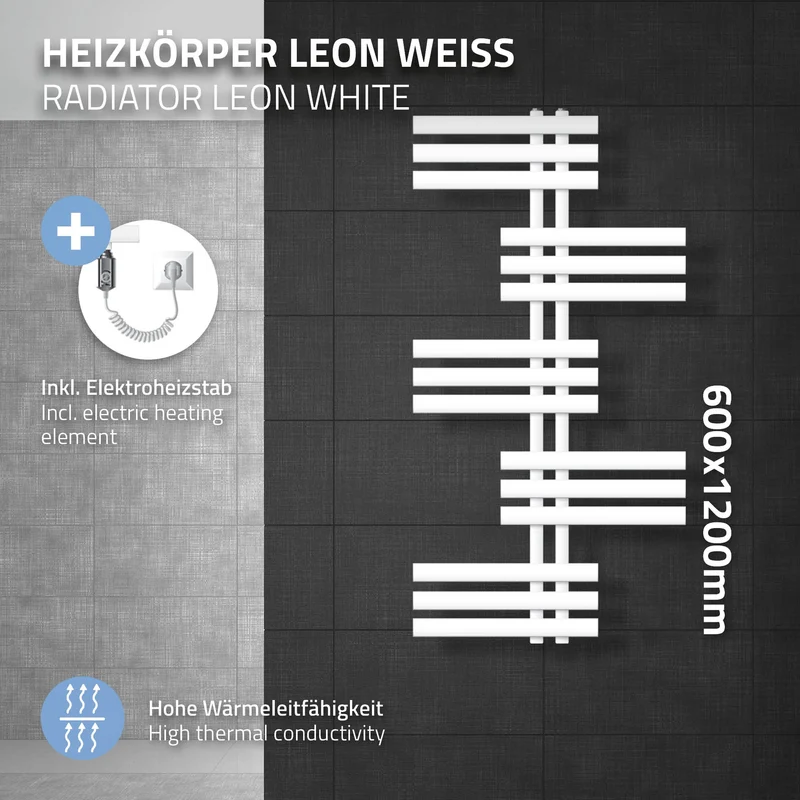 Badheizkörper Leon mit Heizstab 900W 600x1200 mm Weiß