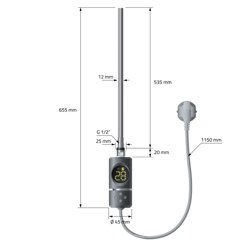 Elektrischer Badheizkörper mit Heizstab 600W 750x800 mm Anthrazit gebogen mit Seitenanschluss LuxeBath