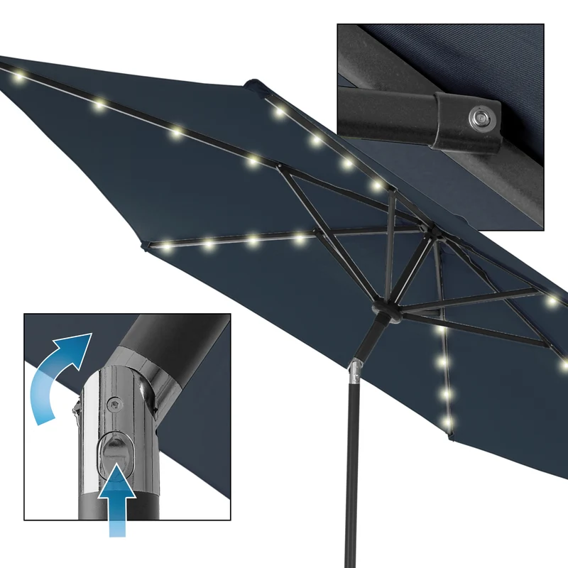Sonnenschirm mit Kurbel inkl. LED-Solar Ø 300 cm Navy-Blau aus Polyester
