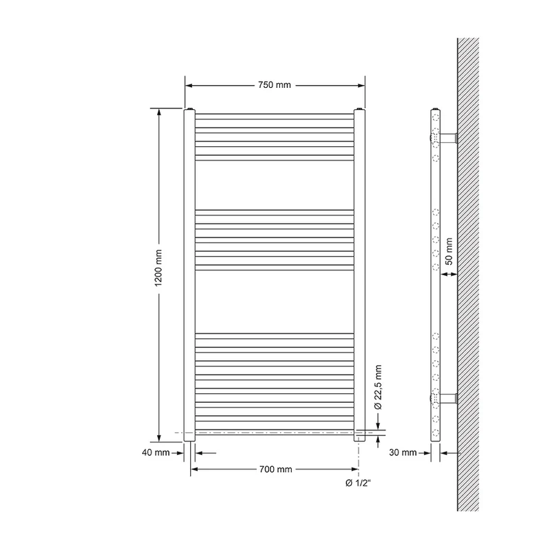 Elektrischer Badheizkörper mit Heizstab 900W 750x1200 mm Chrome gerade Seitenanschluss & Thermostat Digitalanzeige LuxeBath