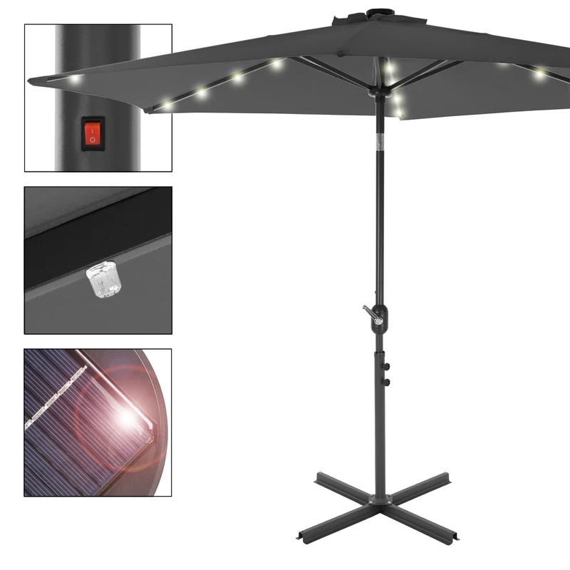Sonnenschirm mit LED-Solar und Kurbel, anthrazit, Ø 300 cm, aus Aluminium und Polyester