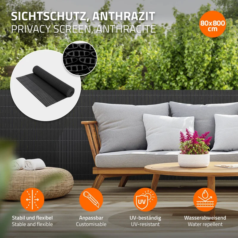 Sichtschutzmatte 80x800 cm Sichtschutzzaun Windschutz Balkonschutz PVC Anthrazit UV-beständig