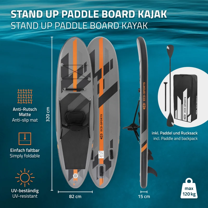 Stand Up Paddle aufblasbares SUP Board mit Kajak Sitz 320x82x15 cm in Grau/Orange aus PVC inkl. Pumpe und Tragetasche