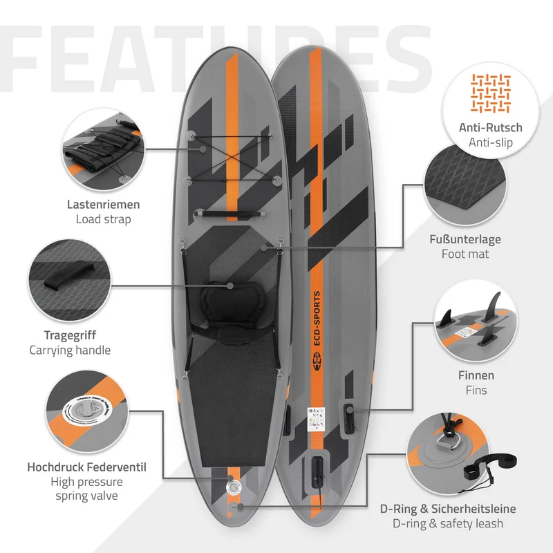 Stand Up Paddle aufblasbares SUP Board mit Kajak Sitz 320x82x15 cm in Grau/Orange aus PVC inkl. Pumpe und Tragetasche
