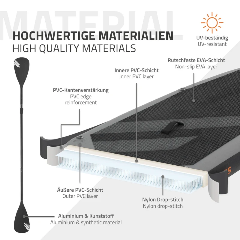 Stand Up Paddle aufblasbares SUP Board mit Kajak Sitz 320x82x15 cm in Grau/Orange aus PVC inkl. Pumpe und Tragetasche