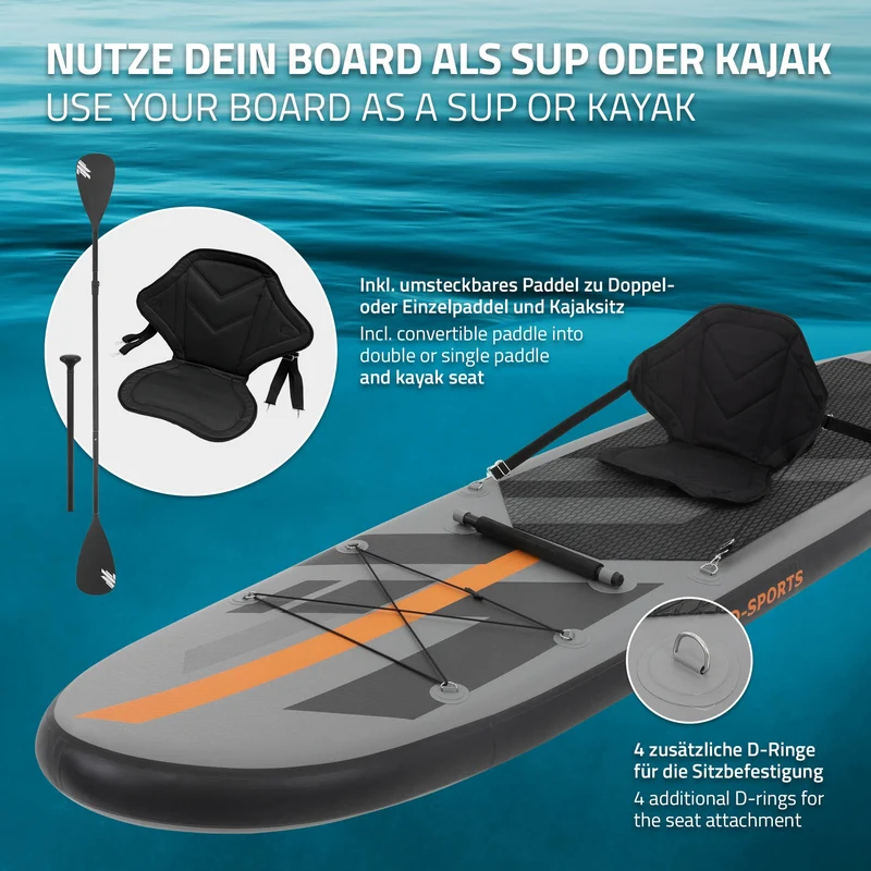 Stand Up Paddle aufblasbares SUP Board mit Kajak Sitz 320x82x15 cm in Grau/Orange aus PVC inkl. Pumpe und Tragetasche