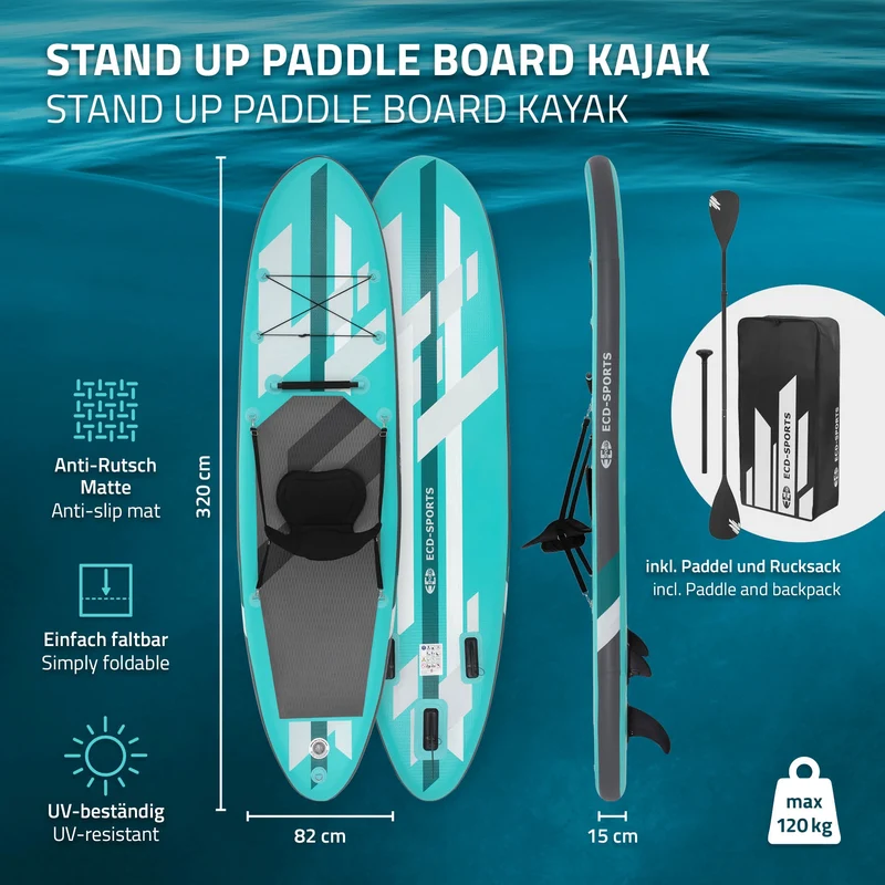 Stand Up Paddle aufblasbares SUP Board mit Kajak Sitz 320x82x15 cm in Türkis aus PVC inkl. Pumpe und Tragetasche