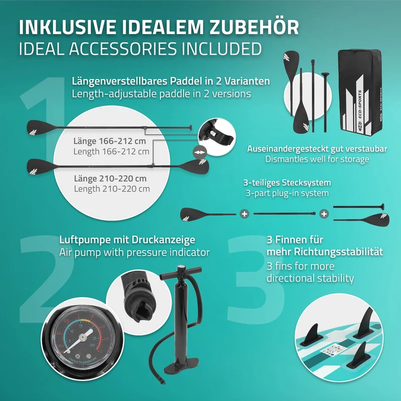 Stand Up Paddle aufblasbares SUP Board mit Kajak Sitz 320x82x15 cm in Türkis aus PVC inkl. Pumpe und Tragetasche