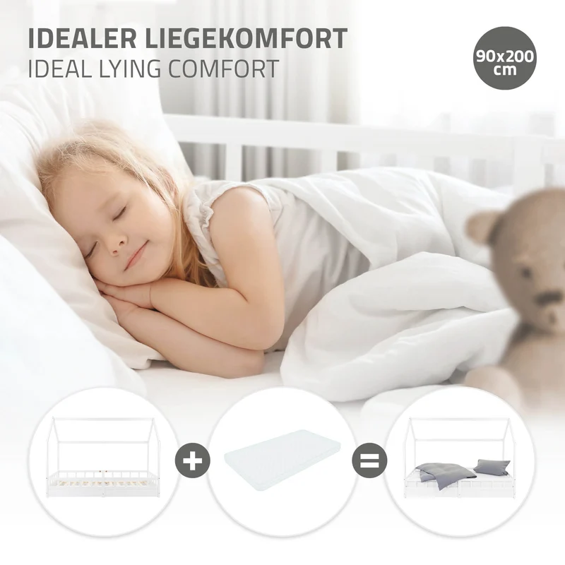 Kinderbett Weiß 90x200 cm mit Rausfallschutz aus massivem Kiefernholz